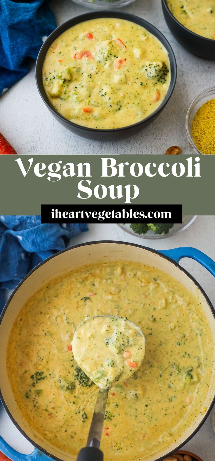 broccoli soup in a blue pot with a ladle scooping it out