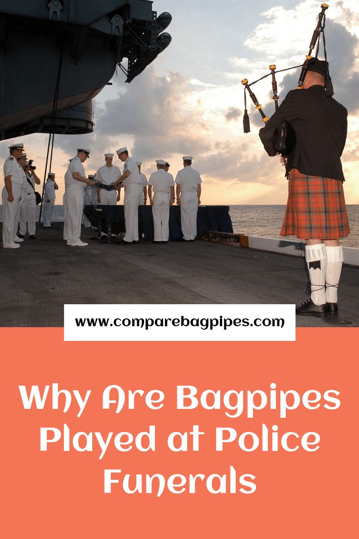 a bagpipe player plays at police funerals on the deck of an aircraft carrier with caption that reads, why are bagpipes played at police funerals