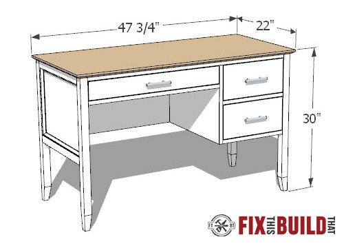 a drawing of a desk with measurements for the top and bottom drawers on each side