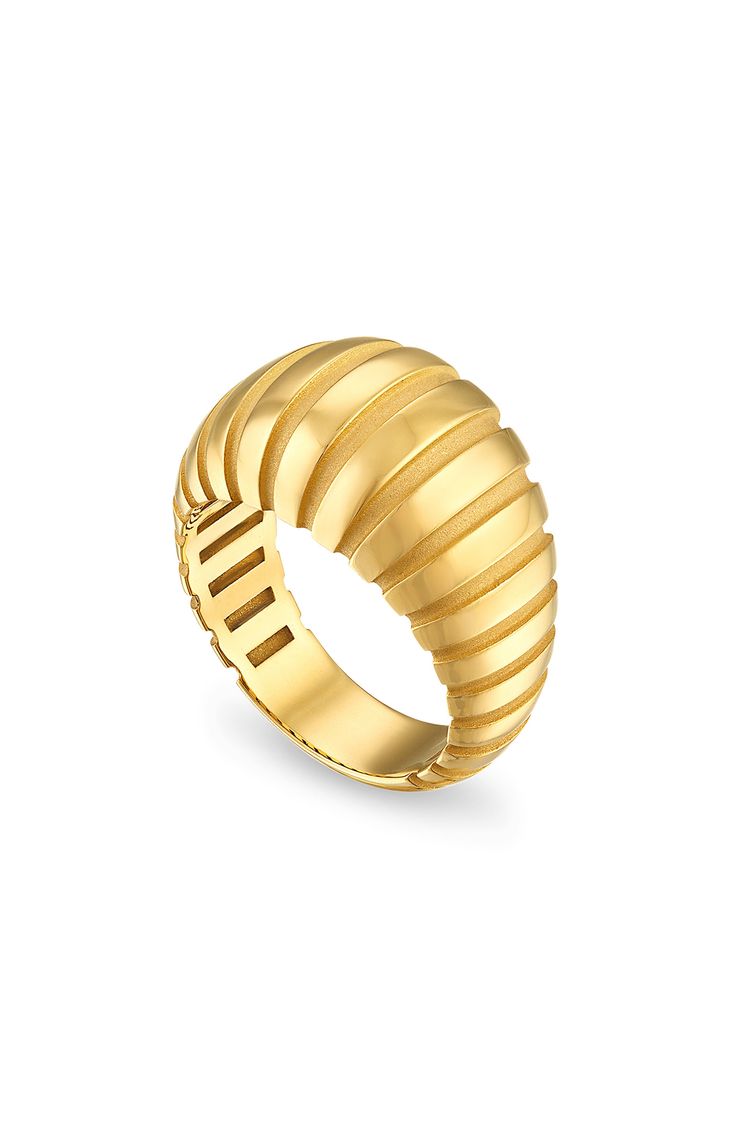 Crafted from 18-karat gold, this sculptural band adds a modern mood to your everyday ring stack. 18k gold Made in the USA Modern Wide Band Yellow Gold Rings, Modern Twist Yellow Gold Rings With Polished Finish, Stackable Gold Dome Ring Luxury Style, Luxury Gold Stackable Dome Ring, Gold Stackable Dome Ring Luxury Style, Luxury Stackable Yellow Gold Rings With Thick Band, Gold Stackable Dome Ring, Modern Gold Stackable Dome Ring, Luxury Yellow Gold Stackable Rings With Thick Band