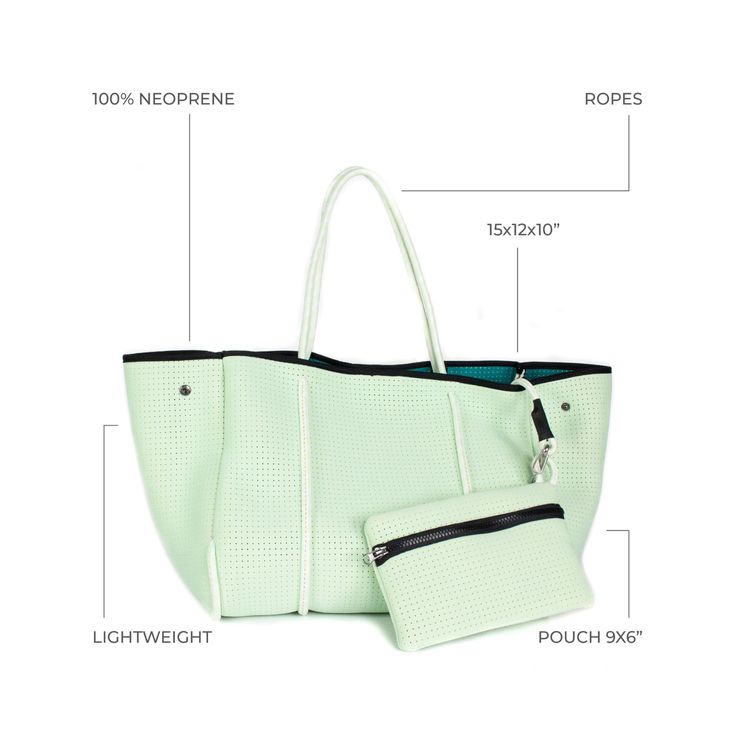 The cool, everyday bag that’s perfect for work, gym, beach, traveling, and everything in between. Neoprene Tote, Latest Handbags, Green Pastel, Work Essentials, Bootie Sandals, Gym Gear, Everyday Tote, Beach Essentials, Handbags Online