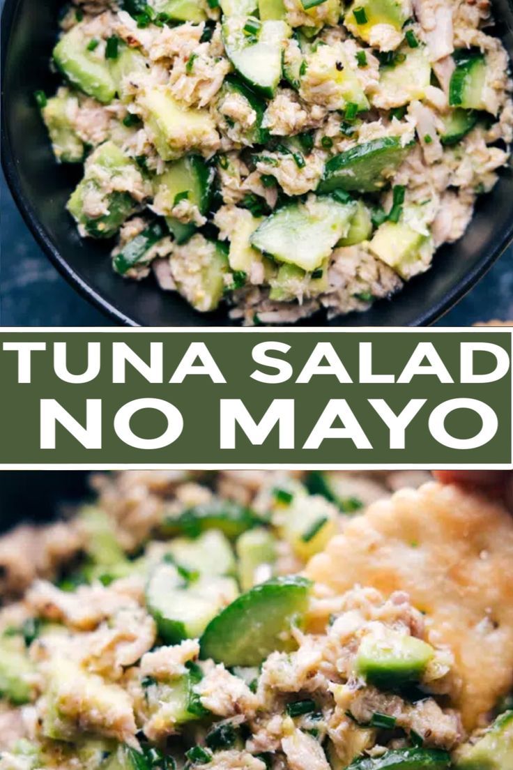 tuna salad with cucumber and jalapenos in a black bowl