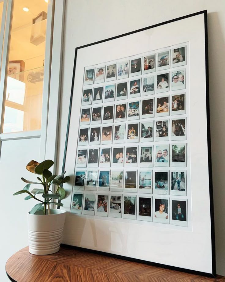 a white vase with a plant sitting on top of it next to a framed photo