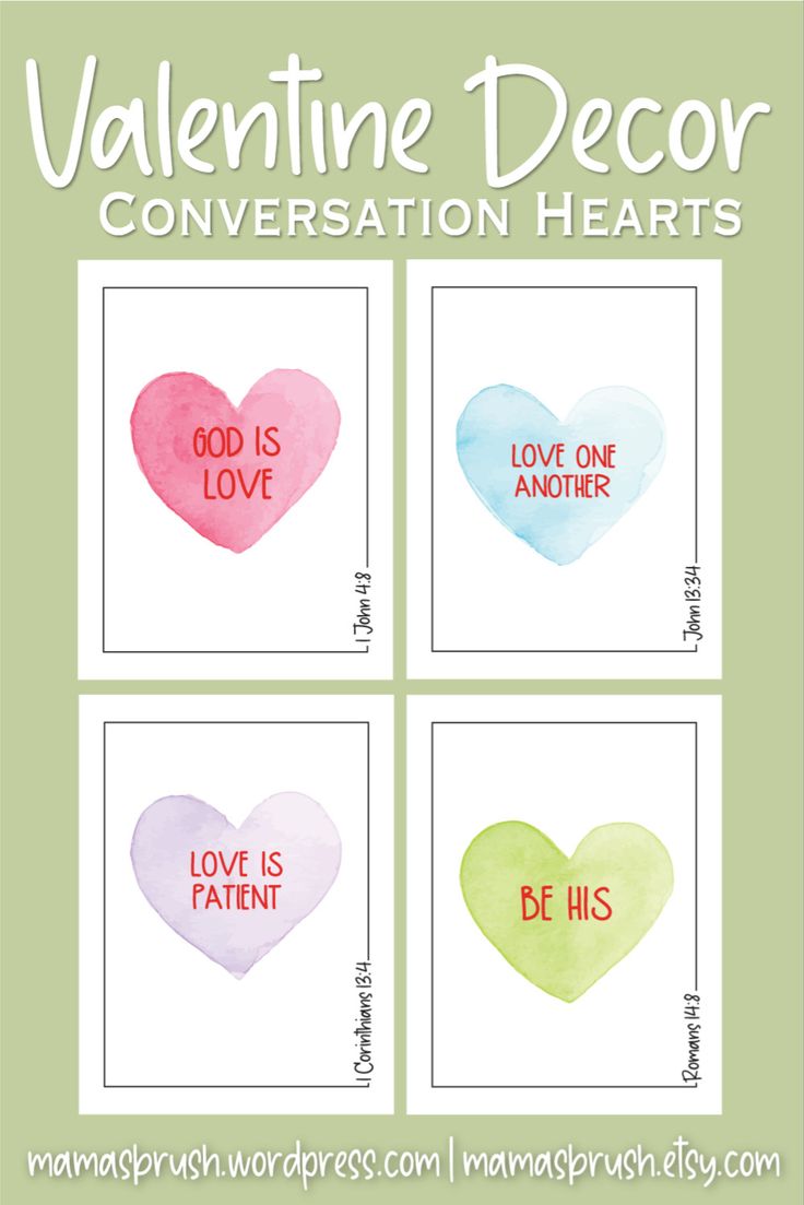 four watercolor hearts with the words valentine decor conversation hearts