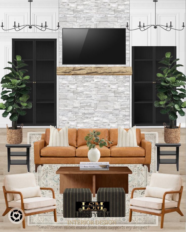 Mood board for a living room design. Black Tan Decor, Modern Rattan Living Room, Accent Chair Next To Fireplace, Black White And Leather Living Room, White Black Light Wood Living Room, Black White Caramel Living Room, Black White Tan Green Living Room, Brown Leather Accent Chair Living Rooms, White Black Brown Living Room