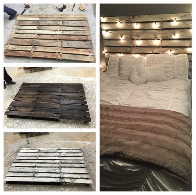 several pictures of different types of wood pallets with string lights on the headboard