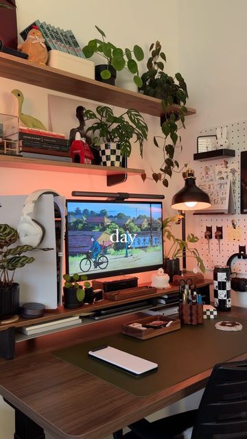 there is a desk with a computer on it and some plants in front of the monitor