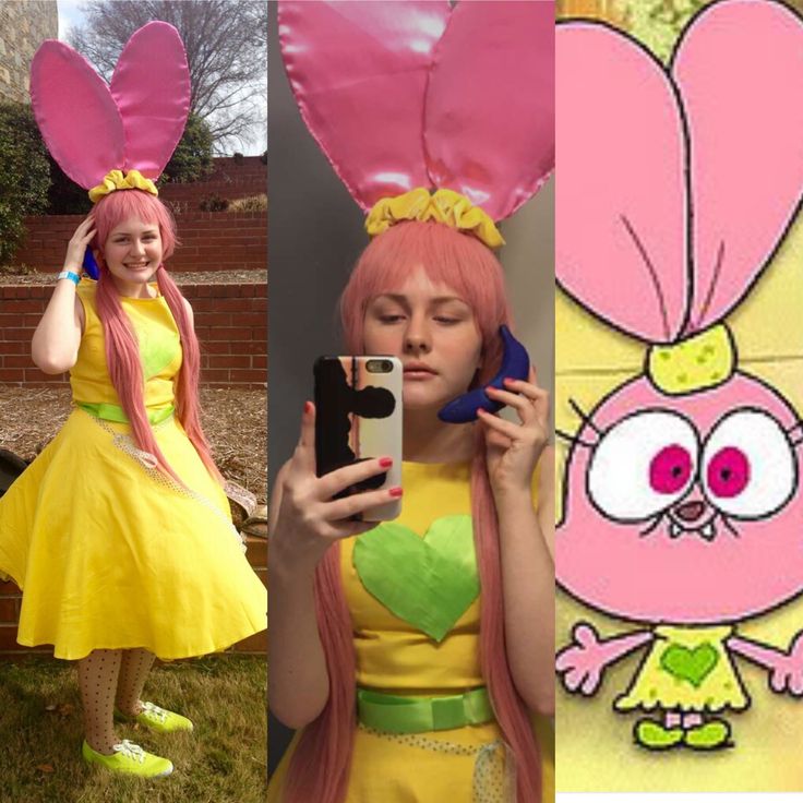 a woman dressed in pink and yellow holding a cell phone next to an image of cartoon characters