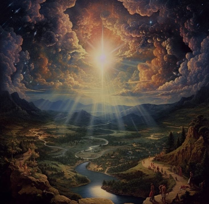 a painting of the sun shining through clouds over a valley with people and animals in it