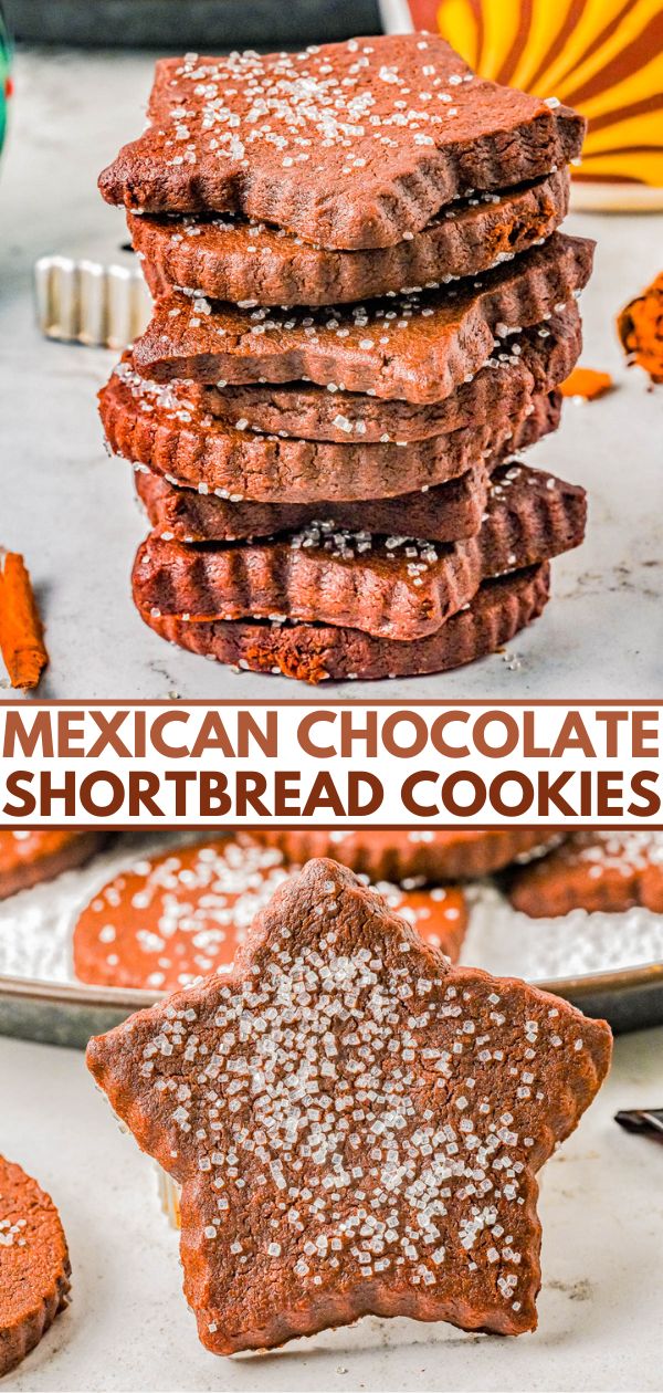 mexican chocolate shortbread cookies stacked on top of each other with the words, mexican chocolate shortbread cookies