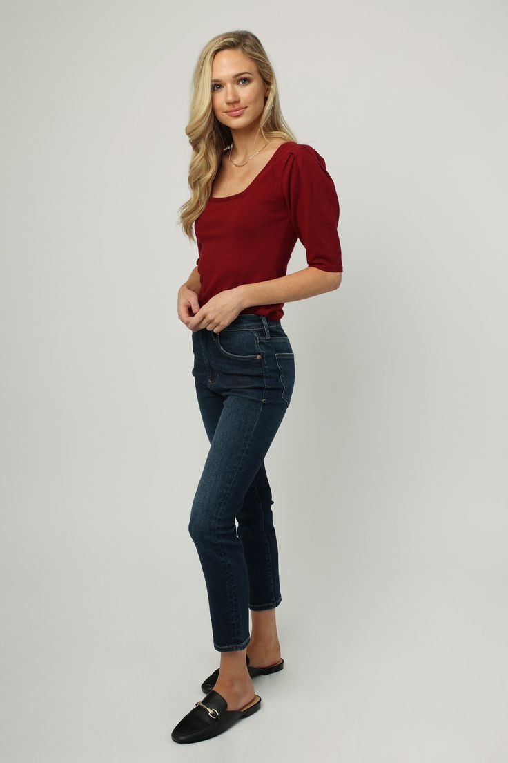 Puffed short sleeve top with a low neckline for a flirty but still classy look. Solid color yarn on standard fit. Body length from HPS: 23", Cuff height: 2 1/2", Bust: 35" (Size Small) 60% COTTON 30% NYLON 10% WOOL Machine wash cold, Dry flat Imported Fitted Short Sleeve Puff Top For Work, Fitted Puff Sleeve Top For Work, Elegant Stretch Puff Sleeve Top With Short Sleeves, Stretch Short Sleeve Puff Top For Work, Stretch Puff Sleeve Top For Work, Stretch Puff Sleeve Work Top, Chic Short Sleeve Top For Casual Gatherings, Chic Fitted Short Sleeve Top With Puff Sleeves, Chic Fitted Short Sleeve Puff Top