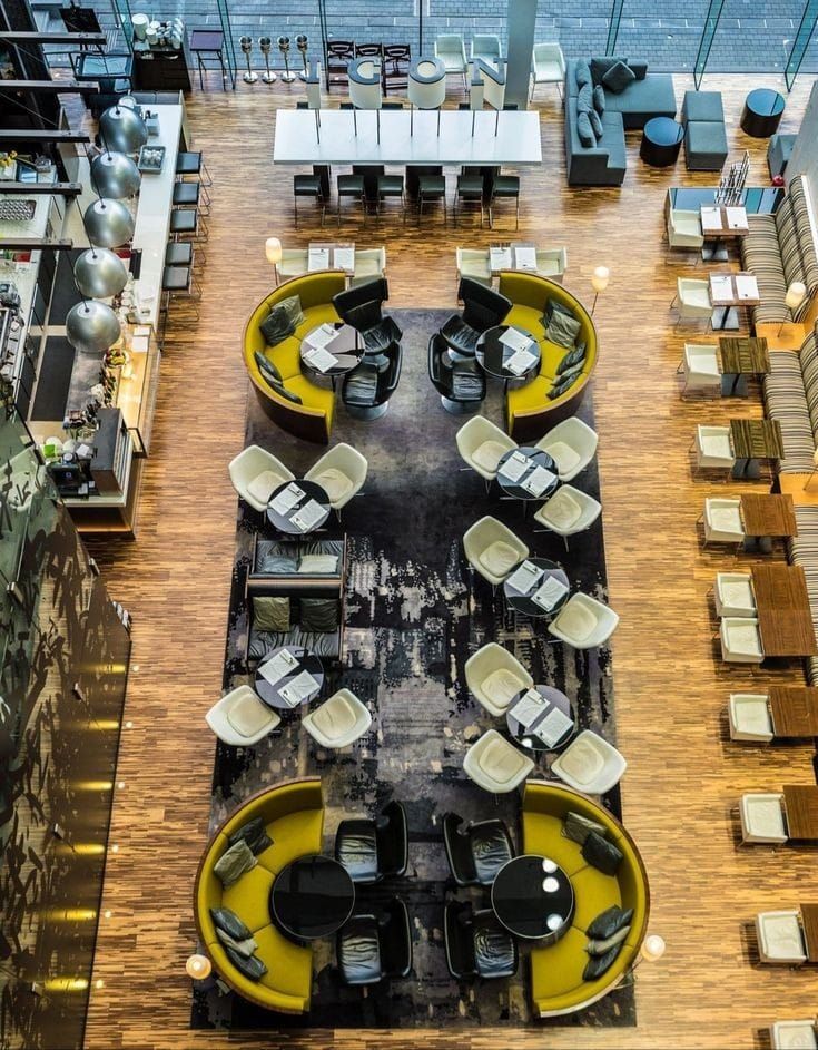 an overhead view of a restaurant with tables and chairs