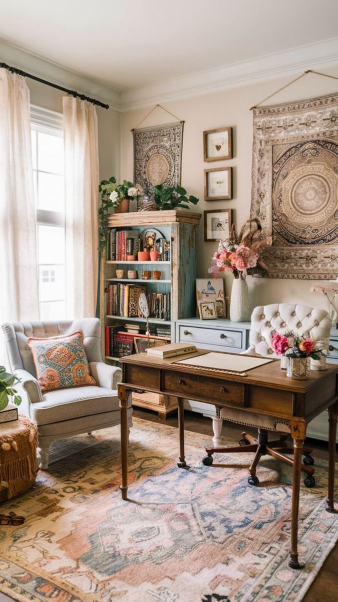 a living room filled with furniture and lots of books on top of a wooden table