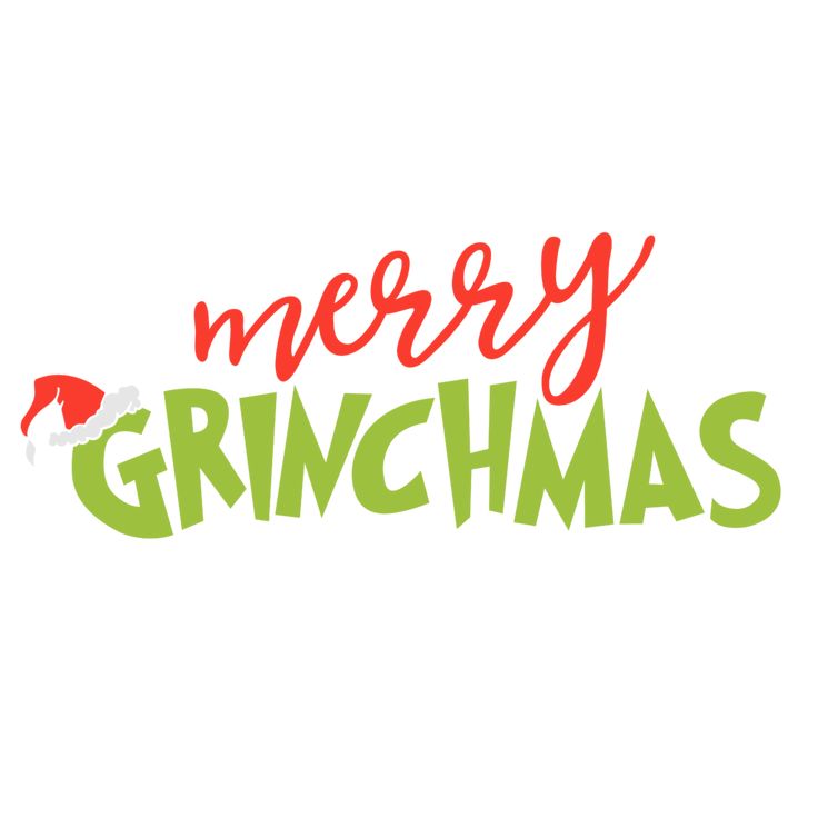 the words merry grinmas written in red and green on a white background with santa's hat