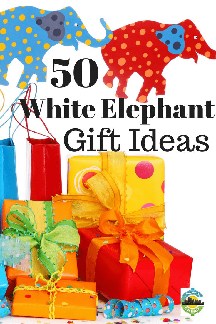 the cover of 50 white elephant gift ideas, with presents wrapped in brightly colored paper