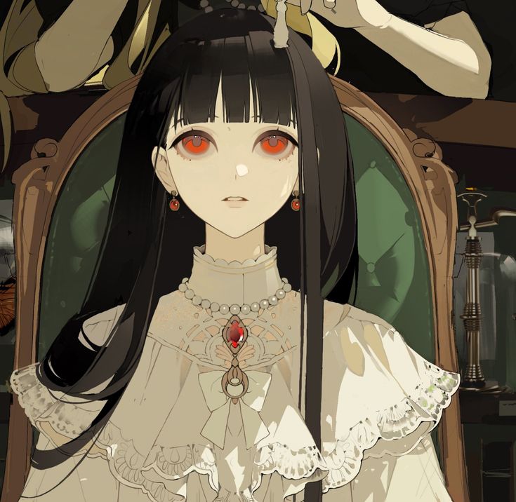 an anime character with long black hair and red eyes