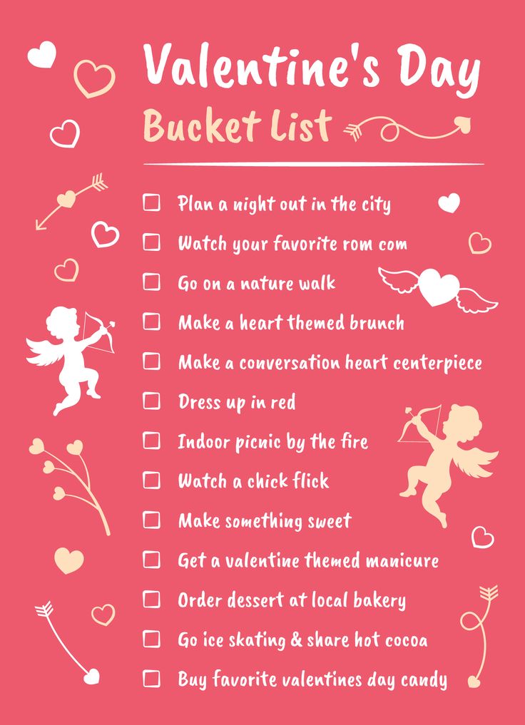 valentine's day bucket list with hearts and cupid on the top, in pink