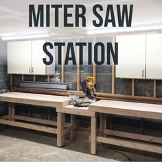 an image of a kitchen setting with the words mitter saw station on it's side