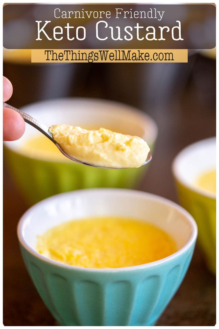 there is a spoon full of soup with the words, canmore friendly keto custard