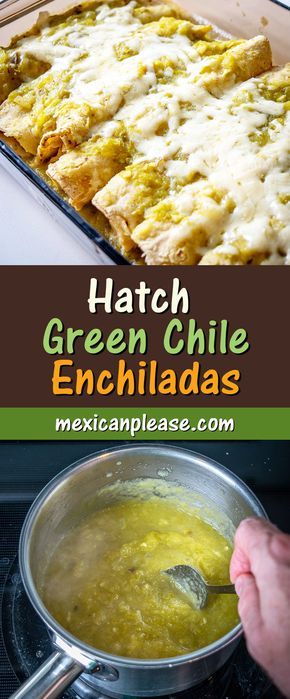 green chile enchiladas in a pan on the stove with text overlay