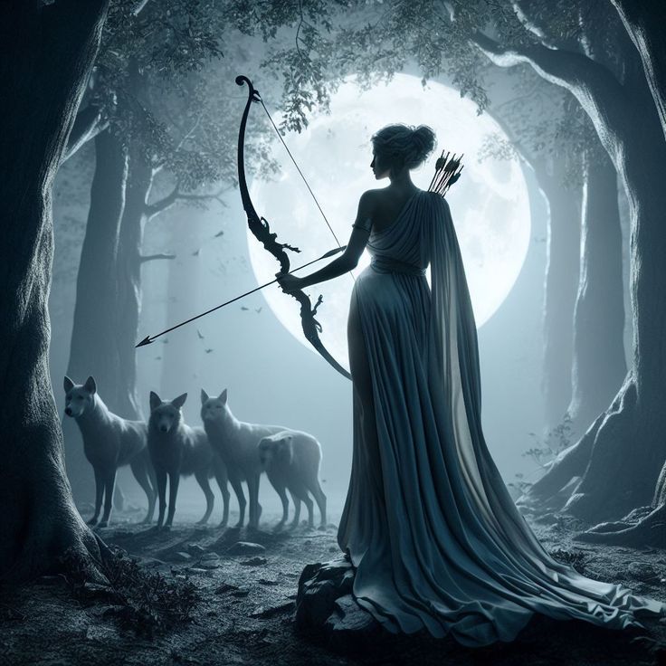 a woman with a bow and arrows standing in the woods next to two wolfs