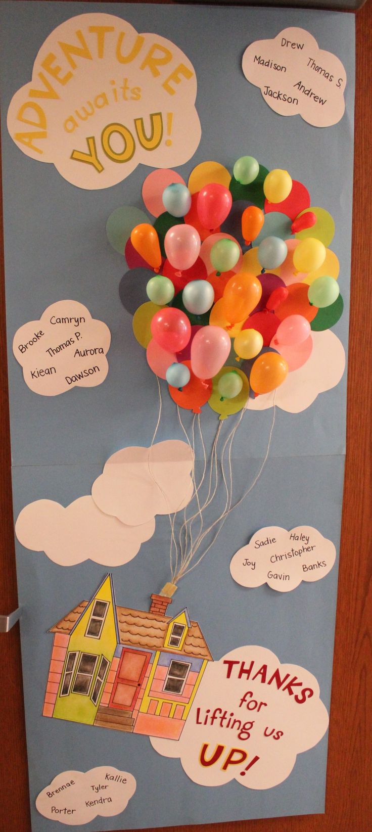 a bulletin board with a bunch of balloons attached to the back of it that says, somewhere is you thanks for life's up