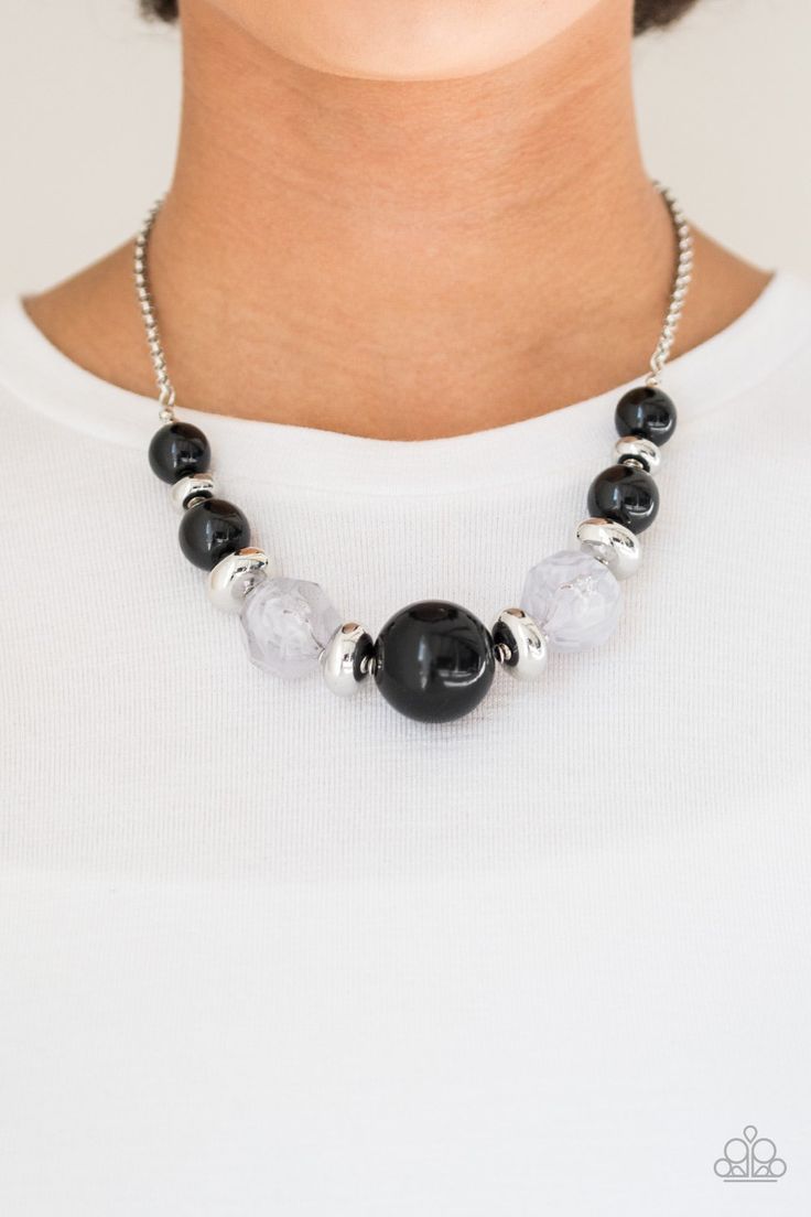 Gradually increasing in size near the center, a collection of black, silver, and cloudy beads join below the collar in a statement making fashion. Features an adjustable clasp closure. Sold as one individual necklace. Includes one pair of matching earrings. P2ST-BKXX-066XX Round Bead Necklace, Nickel Free Jewelry, Black Bead Necklace, Paparazzi Accessories, Black Necklace, Black Earrings, Paparazzi Jewelry, Short Necklace, Jewelry Business