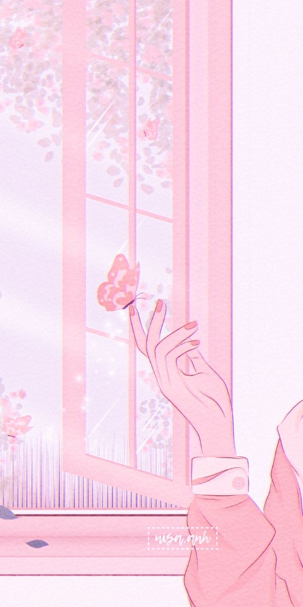 a woman holding a flower in her right hand and looking out the window at it