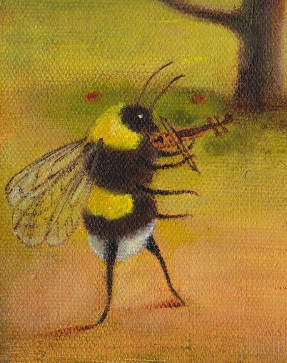 a painting of a bee carrying something in it's mouth and standing on its hind legs