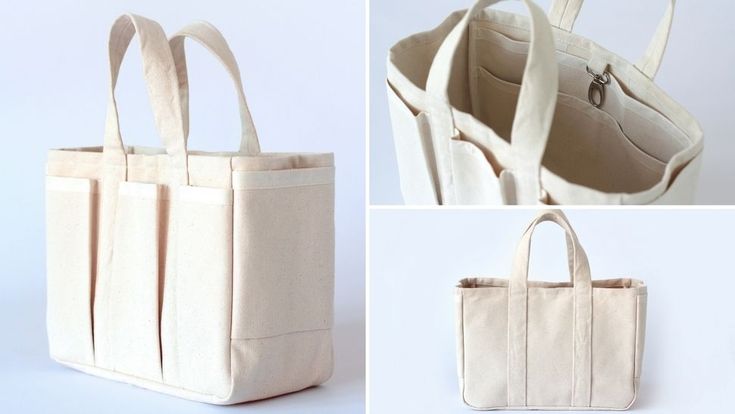 three images of a tote bag with handles