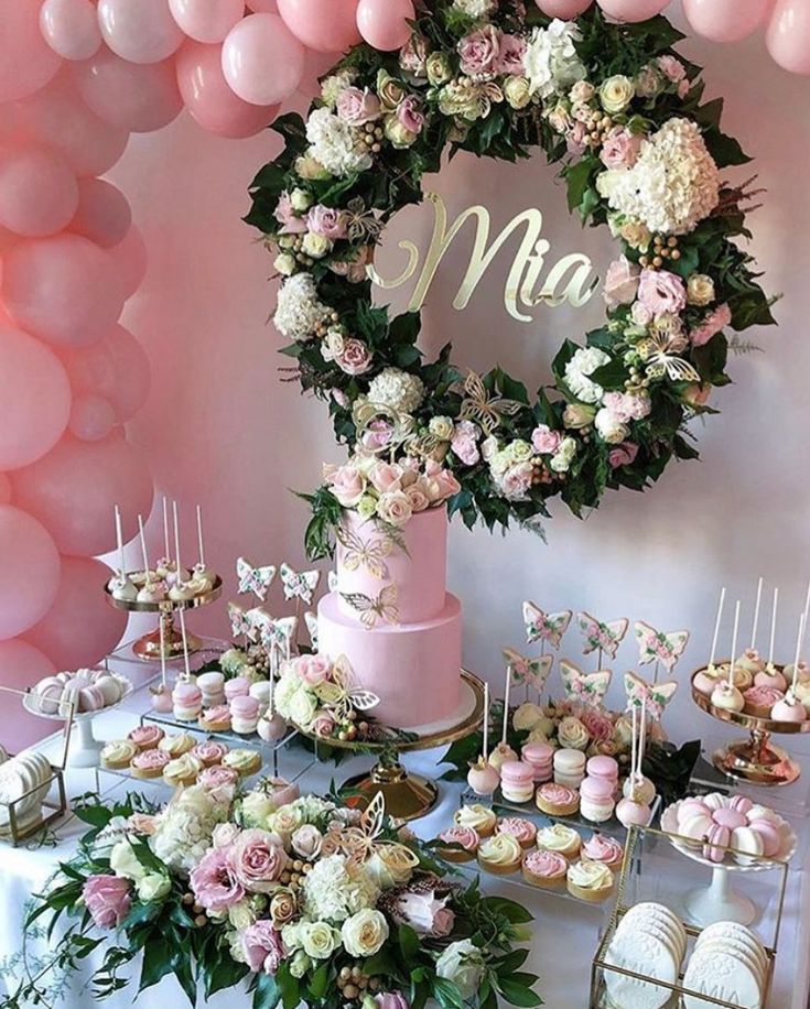 a table filled with cupcakes and cakes