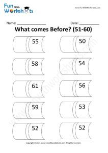 worksheet showing the numbers for what comes before