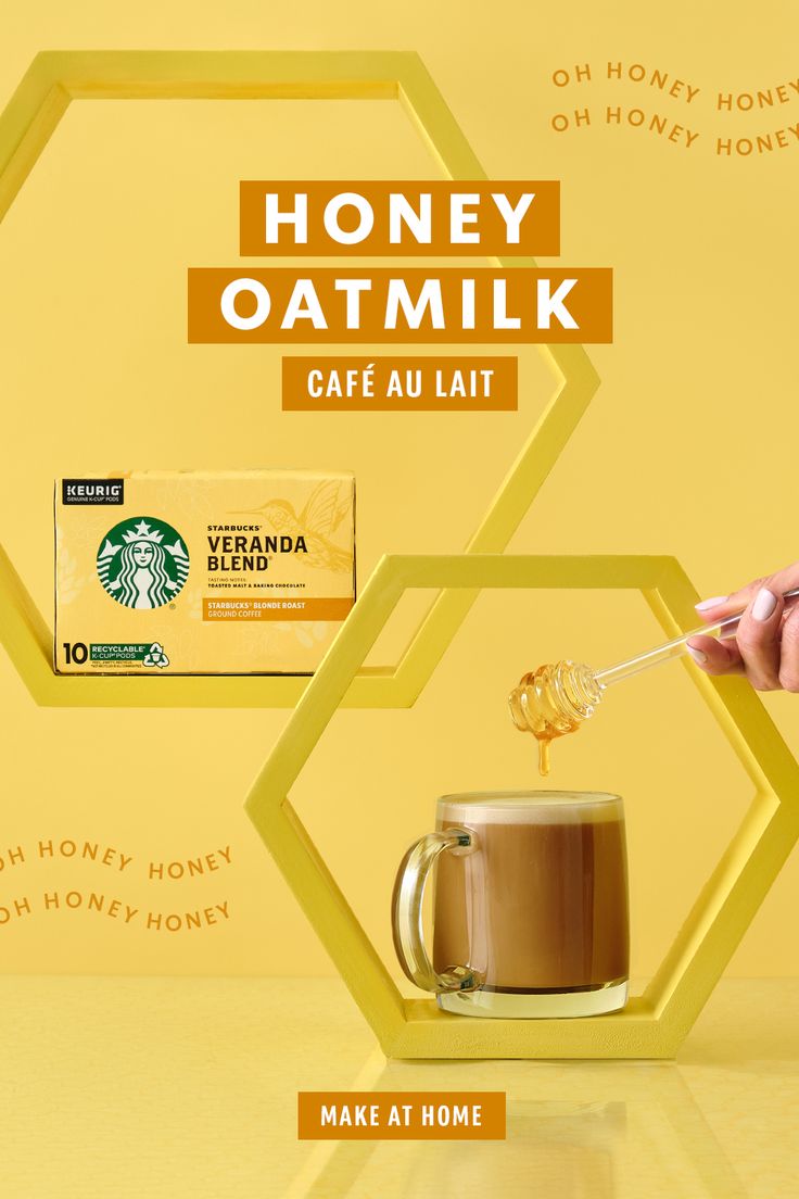 A box of Starbucks Veranda Blend and a mug of coffee sit on yellow hexagonal shelves. A hand drizzles honey into the glass.​ Starbucks Calories, Beauty Banner, Starbucks Cafe, Cozy Cocktails, Homemade Breakfast Recipes, Maui Food, Steamed Milk, Macaroni Cheese Recipes, Macaroni Recipes