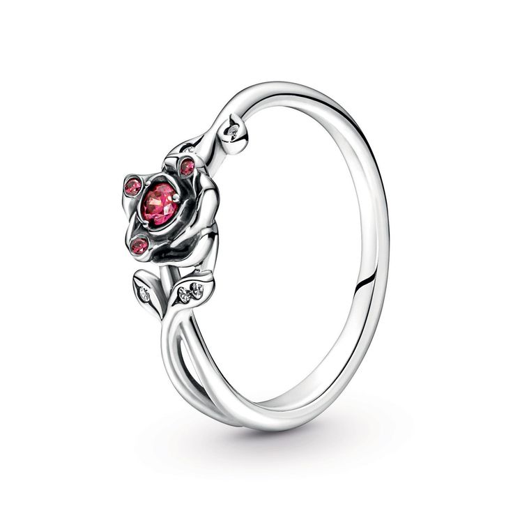 From Pandora, be transported into a magical world with the Disney Beauty and the Beast Rose Ring. Inspired by the enchanted rose from the movie, the ring features a red cubic zirconia stone rose in the center of the band, surrounded by openwork leaves and curved branches along with three smaller red stones. Celebrating the imperfect but magical love between Disney's Belle and the Beast, the ring makes an elegant, whimsical addition to any look. This ring is a size 4.5. Pandora Style #: 190017C01 Silver Wedding Gifts, Beauty And The Beast Rose, Silver Rose Ring, Pandora Disney, Pandora Rings, Rings Jewelry Fashion, Disney Beauty And The Beast, Rose Ring, Magical World