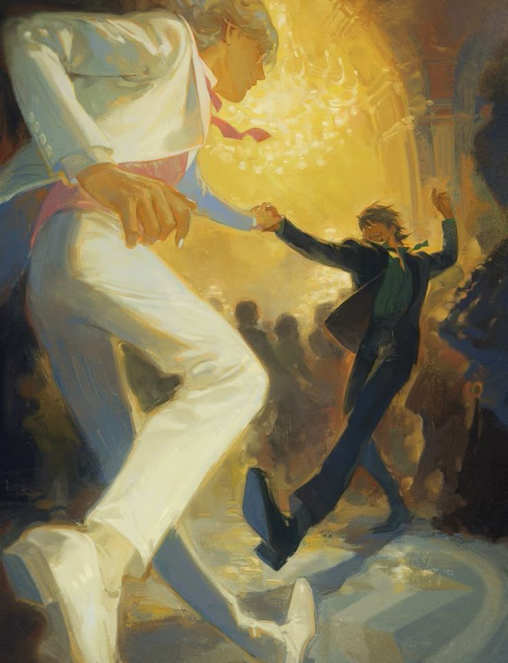 an oil painting of two people dancing