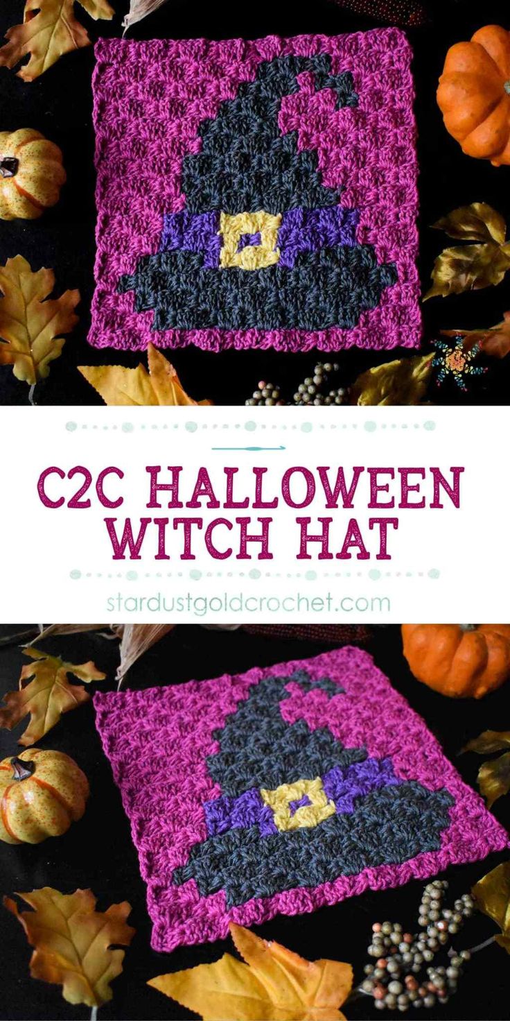 two crocheted halloween witch hats with pumpkins in the background and text overlay that reads, c2c halloween witch hat