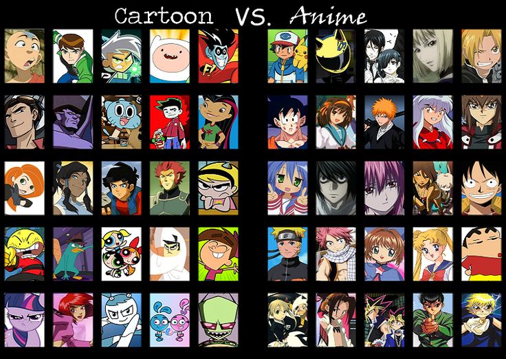 an image of cartoons and anime characters on a black background with the words cartoon vs anime