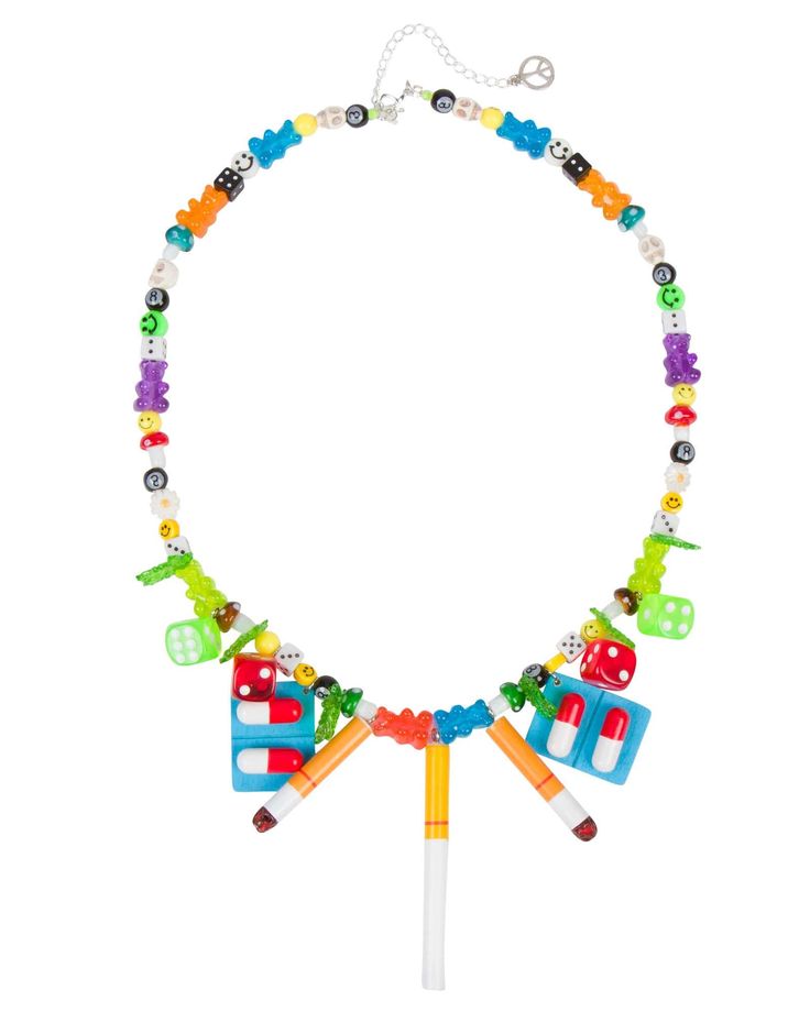 When you're the life of the party and you want the world to know it, this is the ultimate statement piece to complete your fabulous look! This necklace is hand made with love using beads shaped as your favorite party girl favors- mushrooms, pills, flowers, dice, gummies, and smokes. The steel chain extender adds versatility so you can wear it at different lengths. Guaranteed to add an extra bit of flair (and chuckles) to your next party outfit this outrageous necklace is the perfect accessory fo Dainty Layered Necklaces, Man Hats, Burning Man Costumes, Burning Man Art, Necklaces Cute, Needle Earrings, Boho Style Necklaces, Boho Necklaces, Girl Necklace