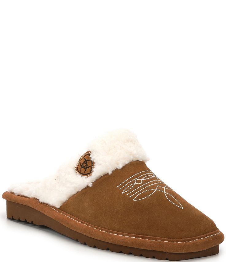 From Ariat Women's, the Jackie Square Toe Suede Slippers feature: Suede upper Slip-on closure Faux single-stitch welt finishingFaux fur lining EVA outsole Imported. Cowboy Boot Slippers, Fur Slippers Outfit, Western Slippers, Ariat Slippers, Western Closet, Ariat Women, Slippers Outfit, Ross Dresses, Western Wear Outfits