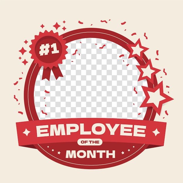 employee of the month badge with red ribbon and stars around it, on a transparent background