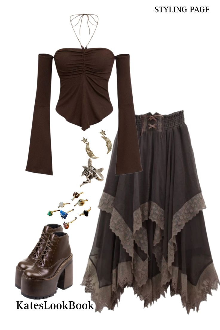 Chaos Aesthetic Outfits, Witchy Cottage Core Aesthetic Outfit, Earthy Witch Aesthetic Outfit, Psychic Aesthetic Outfit, List Of Fashion Styles, Witch Boho Fashion, Witch Aesthetic Fashion Outfit, Simple Cottage Core Outfits, Villiancore Outfit