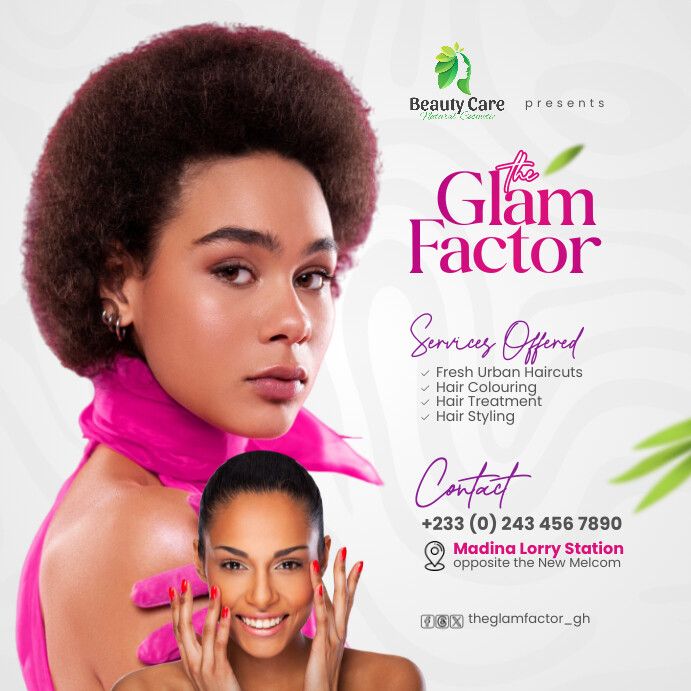 an advertisement for the glam factor with a woman's face and hand on her cheek