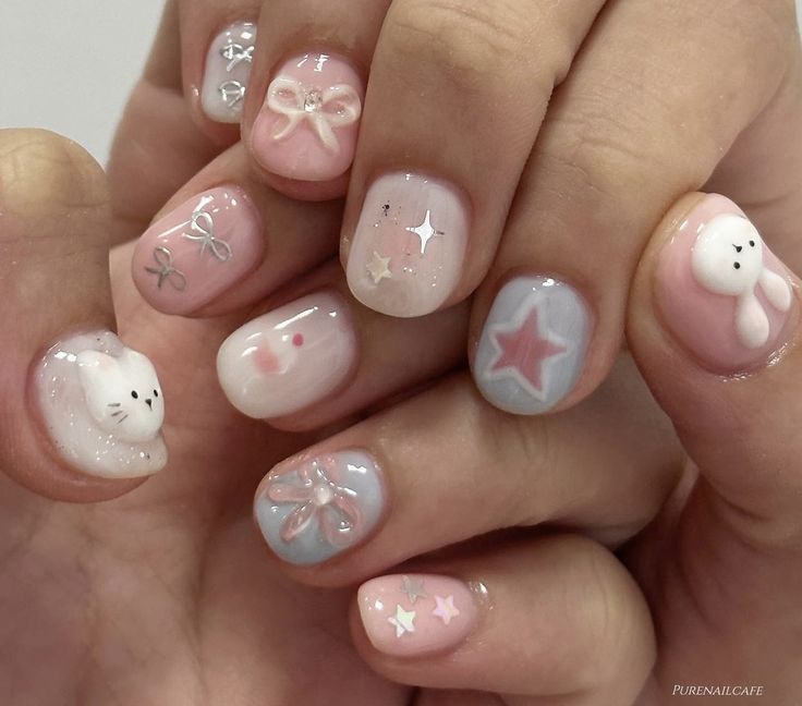 Korean Nail Art Aesthetic Summer, Chiikawa Nails, Short Nails Japanese, Sanrio Nails Short, Short Nails Kawaii, Short Japanese Nails, Japanese Jelly Nails, Short Kawaii Nails, Japanese Nail Art Kawaii