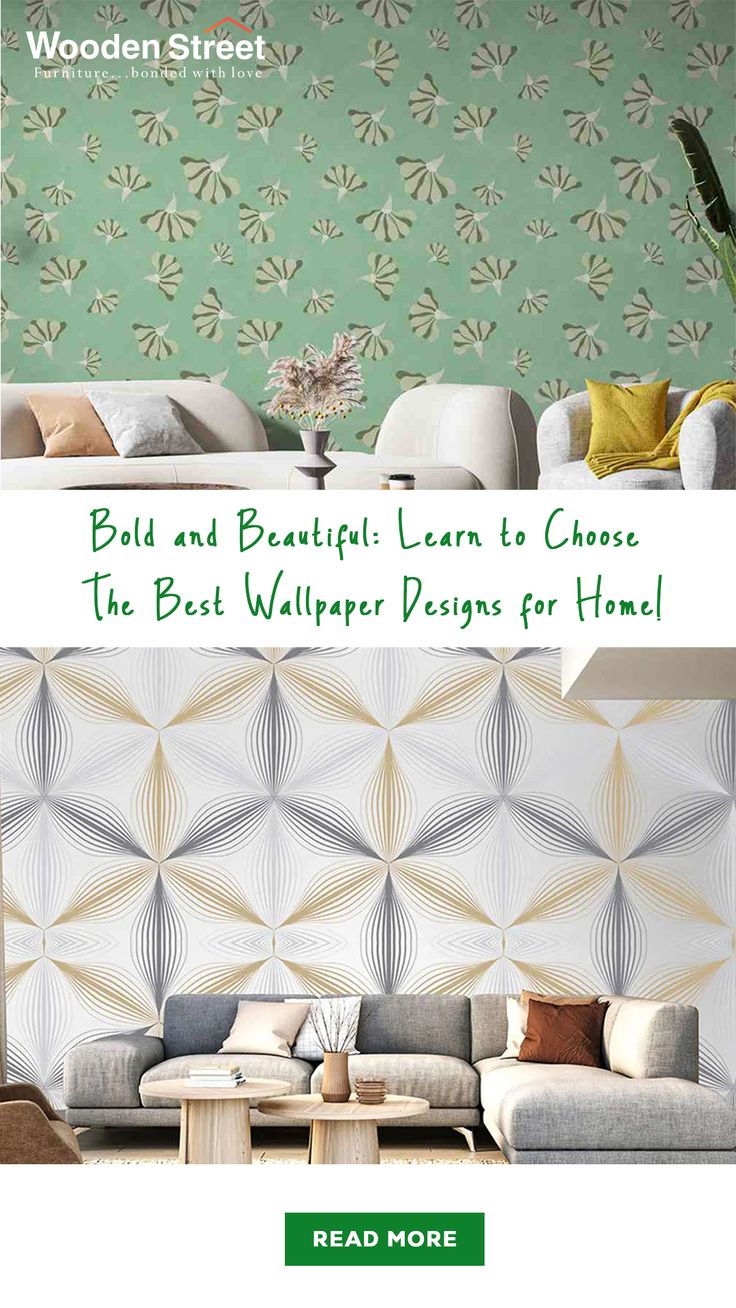 a living room with white furniture and green wallpaper on the walls is featured in this article