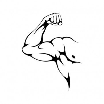 a black and white drawing of a muscular man flexing his arm with both hands