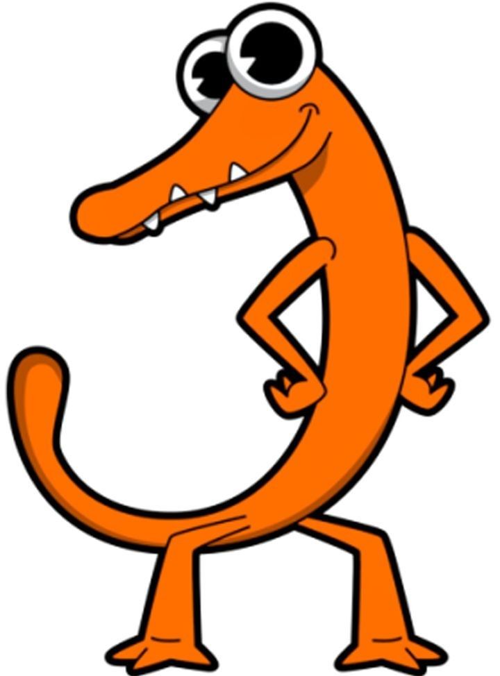 an orange cartoon character with big eyes and large teeth, standing in front of a white background