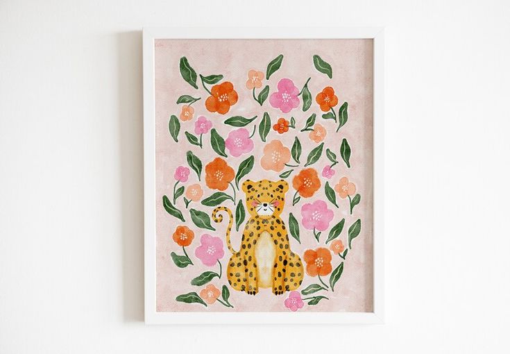 a painting of a leopard surrounded by flowers on a white wall with pink and orange colors