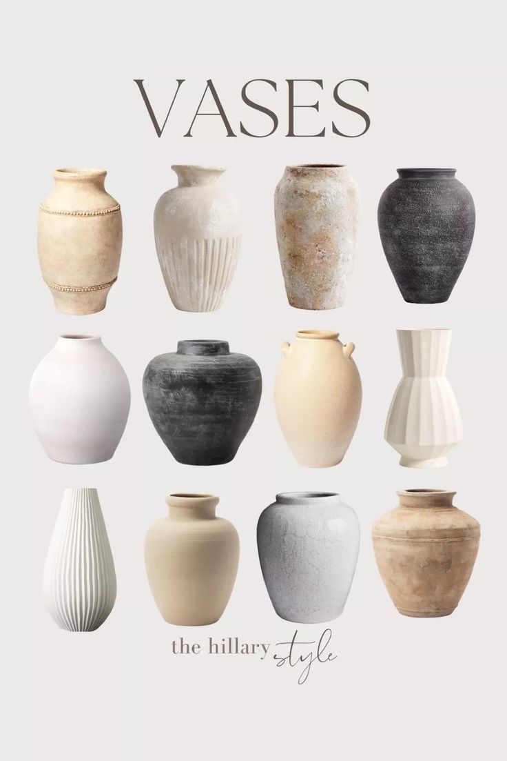 the cover of vases is shown in many different colors and sizes, including white