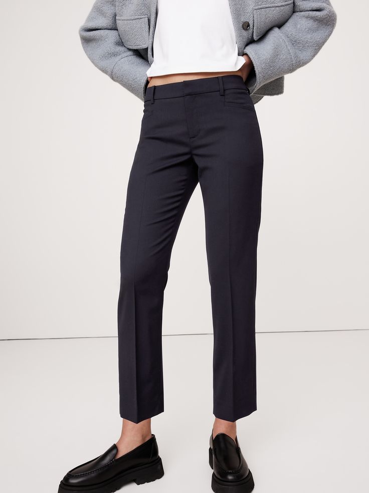 A tailored piece of performance, this soft and luxurious pant is crafted from responsible Italian wool that moves with ease.  A sleek and modern fit for the office or date night.  Stretch, Breathable, Wrinkle-Resistant.  Mid-rise.  Slim leg.  Ankle length.  Fabric from Italy's Marzotto Mill.  Zip fly with button closure.  Four-pocket styling.  Flat front.  Trouser crease.  Unlined.  *This style runs large.  Consider sizing down.  Slim-Straight Fit: Mid-rise (8").  Straight throughthe hip and thi Fall Cropped Leg Business Casual Dress Pants, Fall Business Casual Cropped Leg Dress Pants, Cropped Leg Dress Pants For Business Casual In Fall, Fall Cropped Leg Dress Pants For Business Casual, Business Casual Slim Fit Ankle-length Dress Pants, Classic Cropped Leg Dress Pants For Work, Classic Cropped Dress Pants For Workwear, Stretch Ankle-length Business Pants, Elegant Mid-rise Bottoms For Workwear