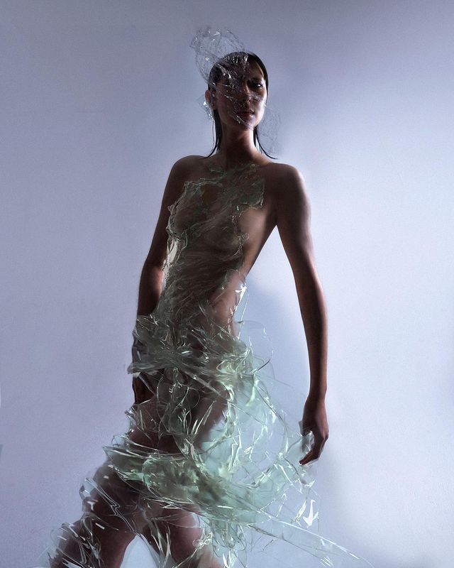 a woman in a dress made out of plastic